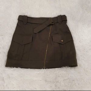 Kaki belt mini skirt Short skirt w/Exposed Diagonal Zip